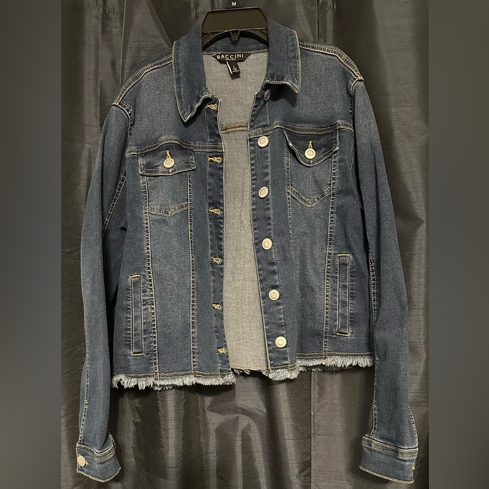 Baccini Dark Blue Denim Jean Jacket with Frayed Hem